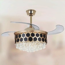 42" Gold LED Light Invisible Ceiling Fan Modern Crystal Chandelier Lamp w/Remote