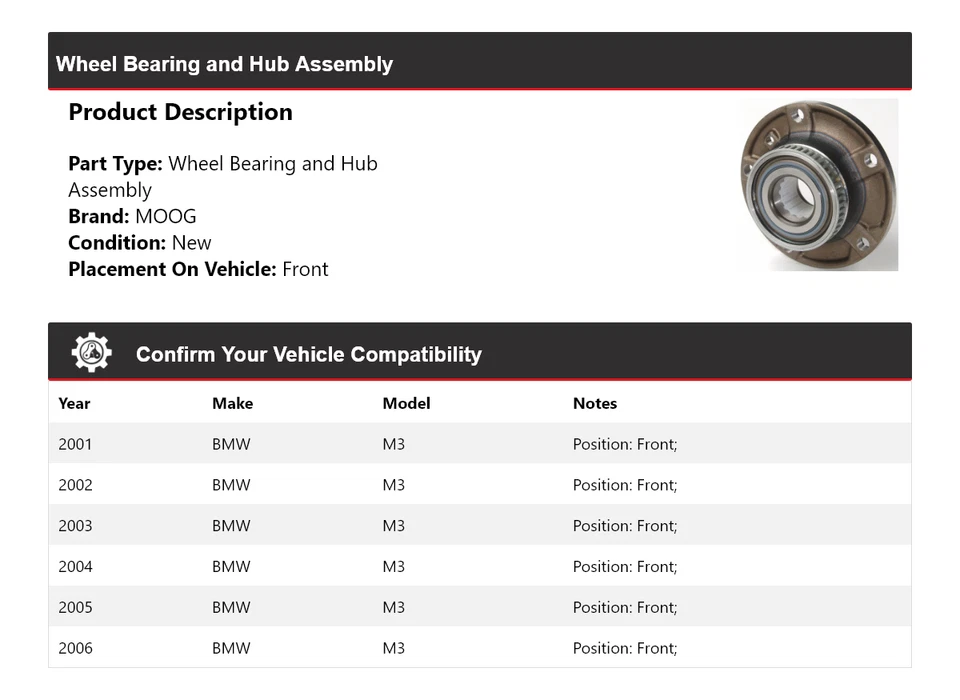 Conjunto de cojinete de rueda y buje delantero MOOG 2001 2002 2003 BMW M3 2001-2006 Foto 2 de 4