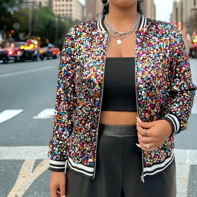 Coole dünne Pailletten Jacke Club Party Glitzer Glitter Mit Reißverschluss 36-52