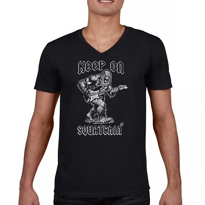 Keep On Squatchin V-Neck T-shirt Fun Sasquatch Rock N Roll Bigfoot Guitar Tee