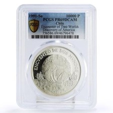 Chile 10000 pesos Colón Barcos Clippers y Globo PR69 PCGS moneda de plata 1991
