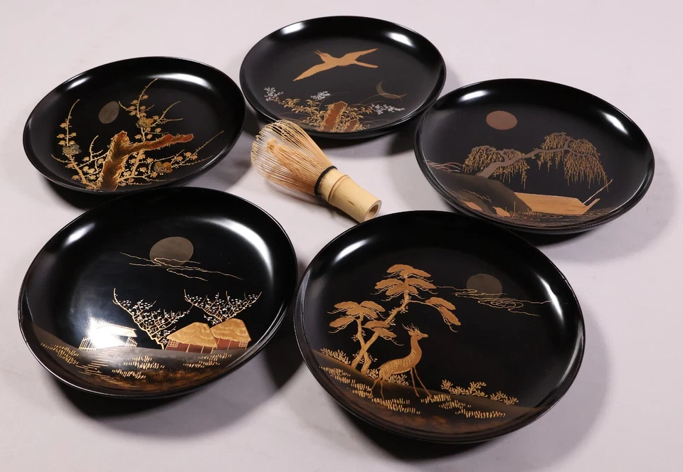 Японский лак набор из 5 деревянных пластин 7,28 дюйма различные золотой узор эпохи Мэйдзи - Изображение 2 из 4