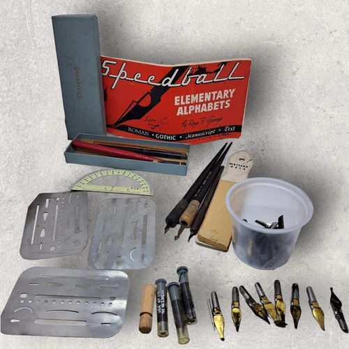 Vtg Calligraphy Dip Pens & Nibs Lot Speedball Hunts Crow Berkeley Practice Book