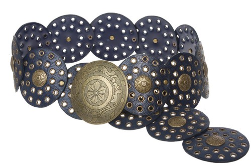 3 1/2" (90 mm) Wide Ladies Wide Boho Disc Concho Leather Belt - Picture 5 of 28
