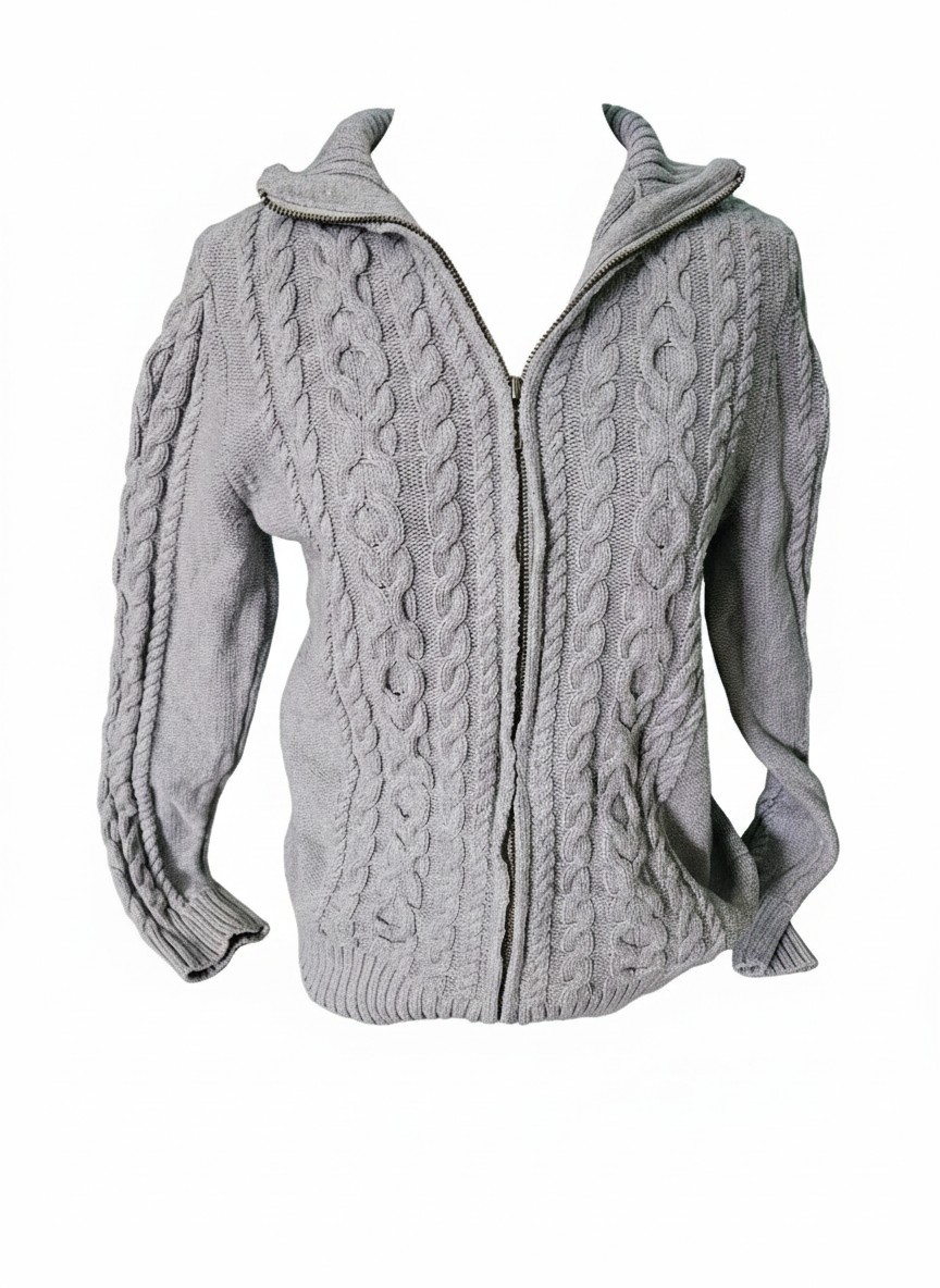 L.L. Bean Womens Fisherman Cable Knit Zip Up Mock Neck Sweater Gray Small