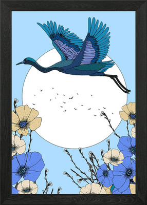Kranich im Flug mit Blumenrand gerahmtes Wandbild Poster Leinwanddruck Bild