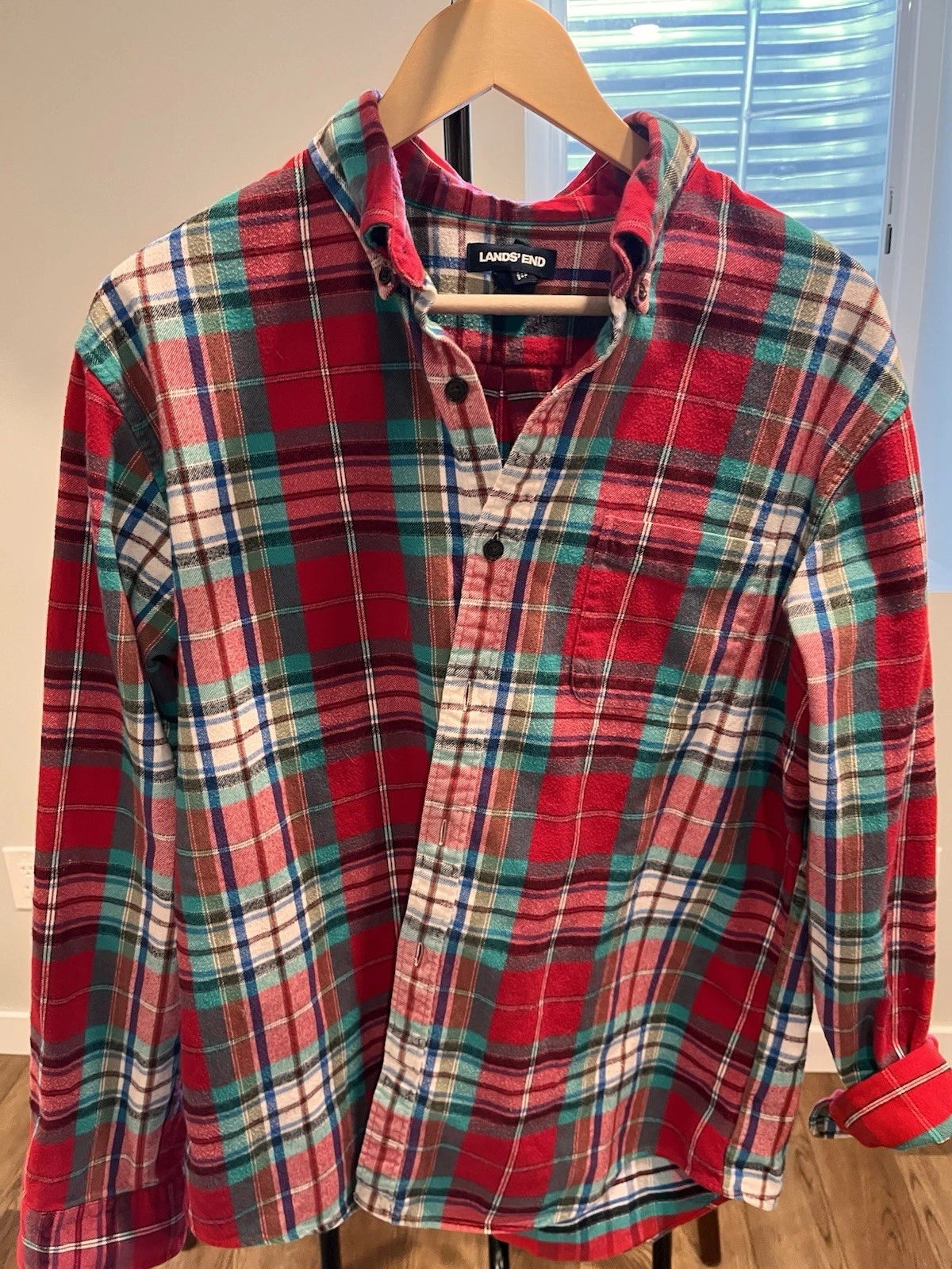 Lands End Flannel Shirt Mens Large Plaid Button Up Traditional Fit Long Sleeve