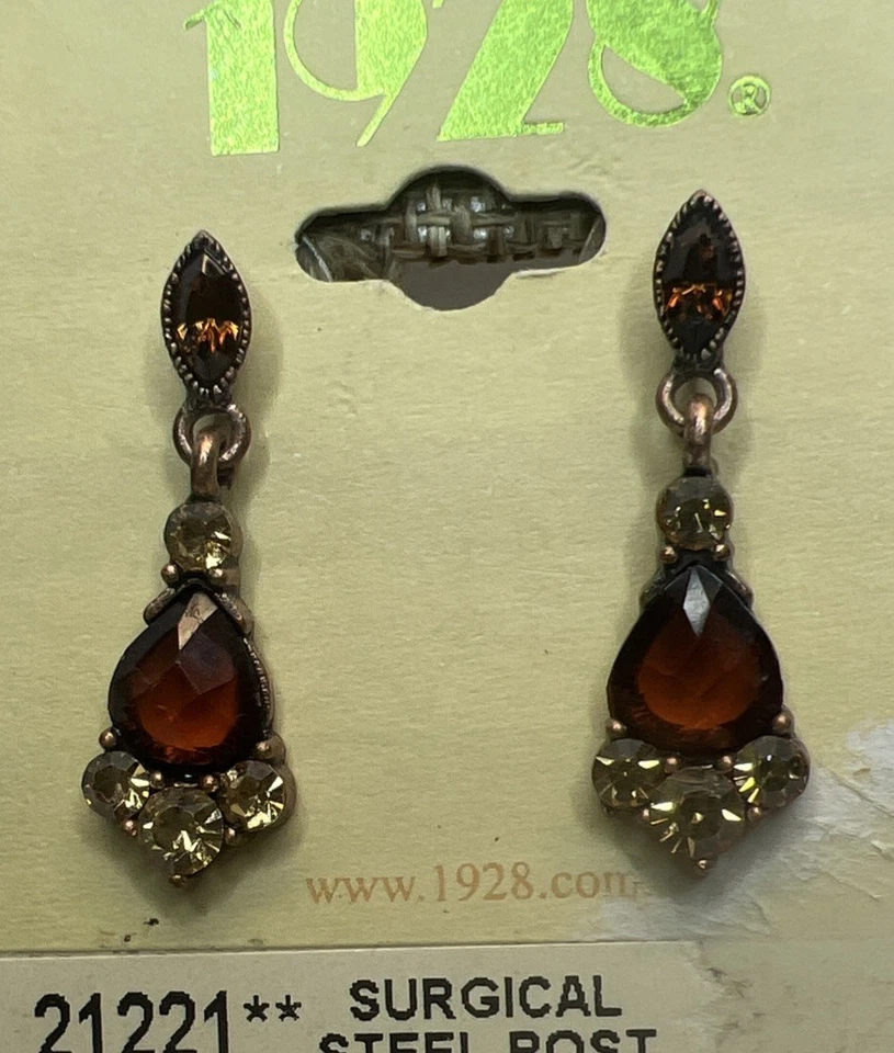 NOS Vtg 1928 Copper Tone Orange Amber Rhinestone Pierced Dangle Earrings - Image 2 of 4