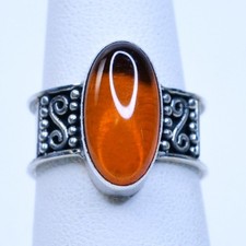 VTG Modernist Cabochon Amber Oval Ring 925 Sterling Silver Ornate Wide Band 7.5