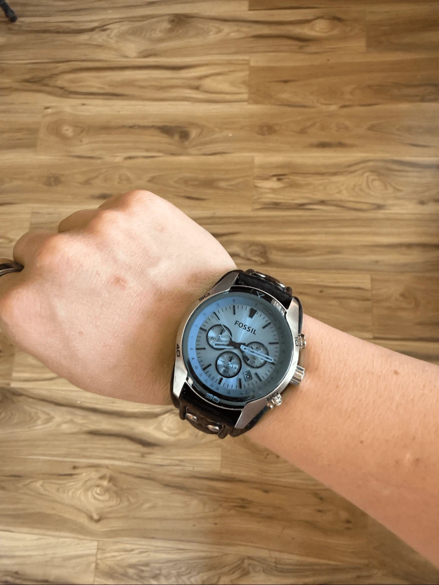 Fossil Chronograph Men\'s Watch JR9551 Black Leather Cuff 50M WR New Battery Mens Fossil Cuff Watch for sale | eBay main image 3