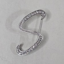 Silver Tone Letter Initial S Brooch Clear Rhinestone Unmarked Jewelry Pin