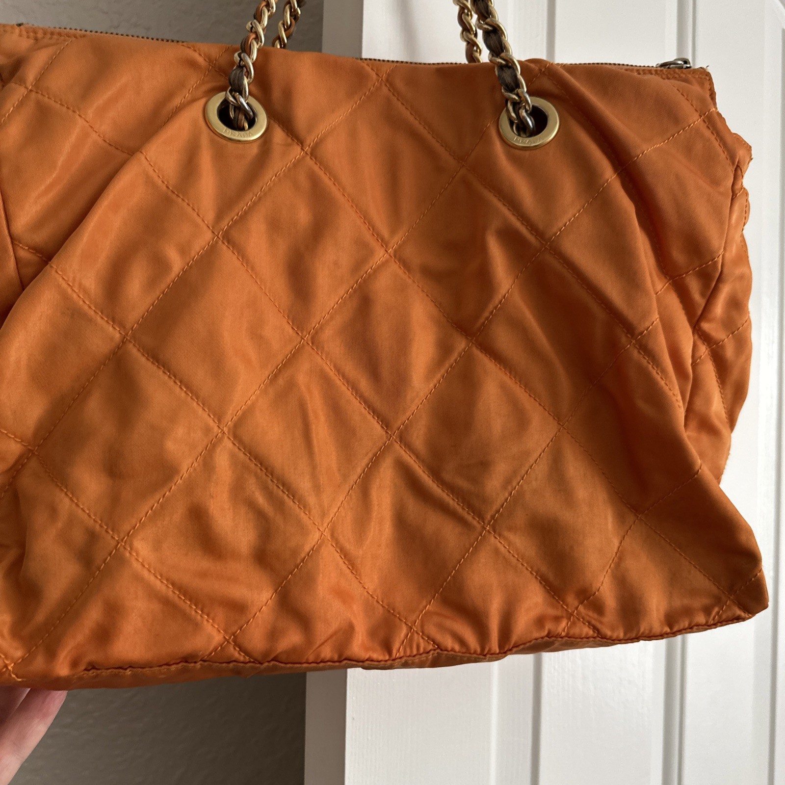 PRADA Chain Tote Shoulder Bag Vintage 1990s Orange Nylon Gold Hardware Italy thumbnail 7