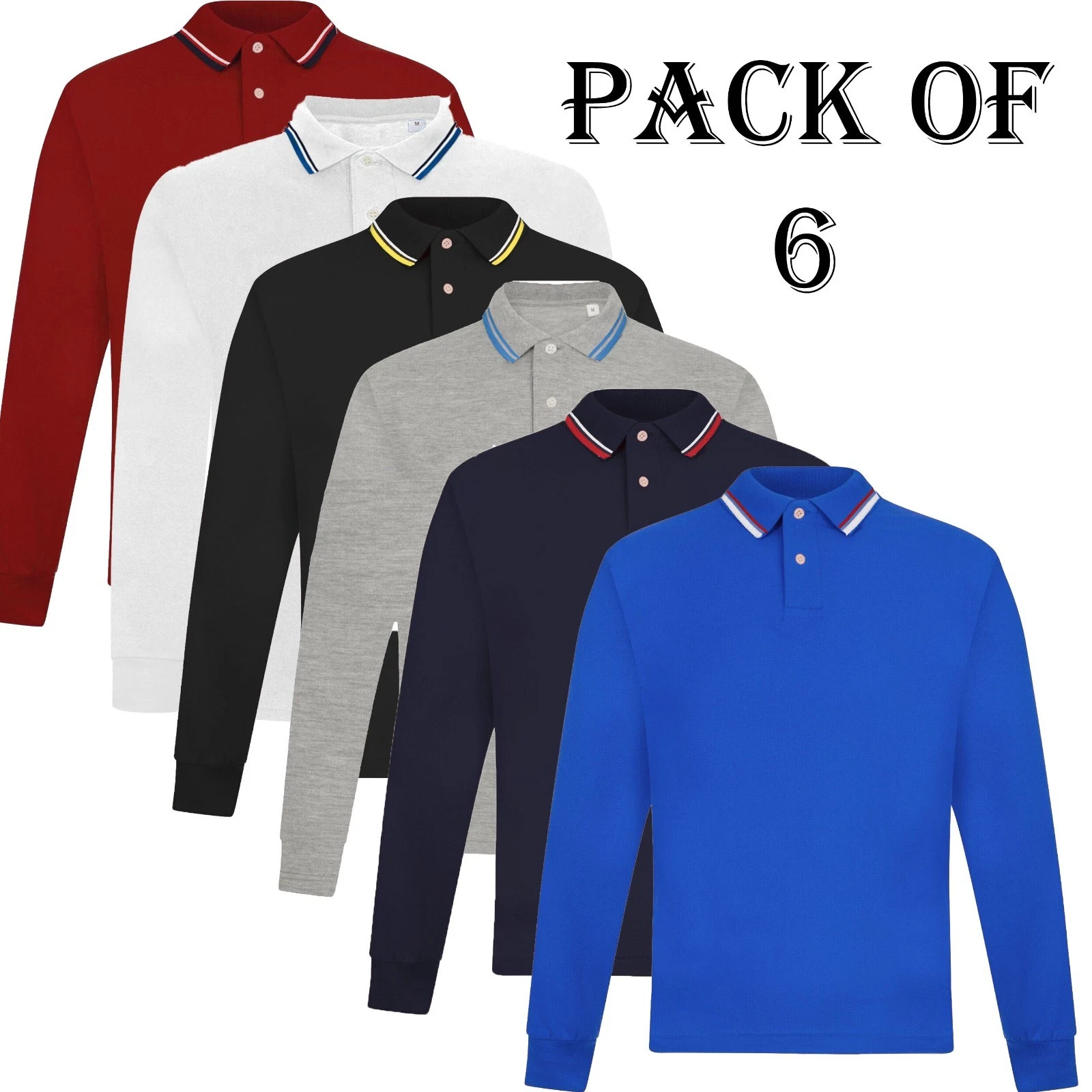 6 Pack Mens Long Sleeve Tipping Polo Shirt Cotton Pique Long Sleeve Top T Shirt
Opens in a new windo