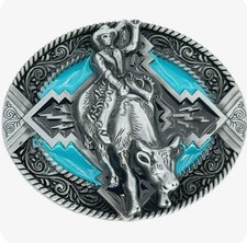 Western Belt Buckle Bull Riding Cowboy with Turquoise Color Fits 1 - 1/2" Belts