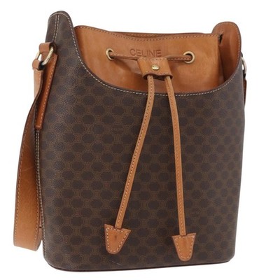 CELINE Macadam Canvas Shoulder Bag PVC Leather Brown Gold Auth ep14494
