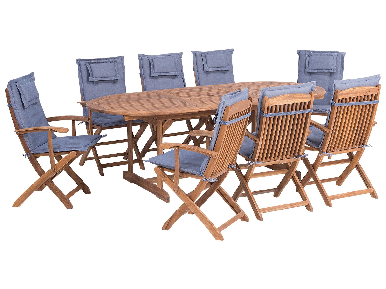 Set da giardino di un tavolo e 8 sedie con cuscini azzurri Maui