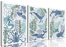 Ocean Nursery Wall Art Set of 3, Sea Animal Coastal Wall Decor Mermaid Whale ...