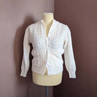 Vintage weiße Strickjacke mit Zopfmuster Made In England Large Cottagecore Granny Chic