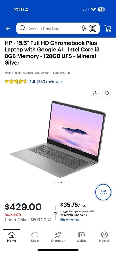 HP Chromebook 15a-nb0023dx 15.6" (128GB UFS, Intel Core i3 N, 3.80GHz, 8GB) - Image 2 of 3