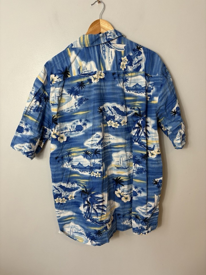 Hilo Hattie Hawaiian Shirt XXL Blue Scenic Print Made In Hawaii Cotton ...