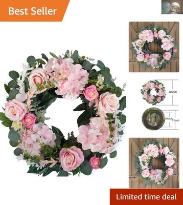 Luxurious Pink Silk Rose Wreath - 20-Inch Front Door Decor for Romantic Settings