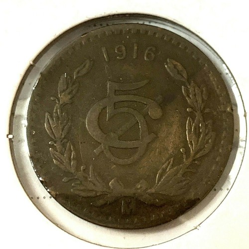 1916 🔥 Mexico 🌞 5 Centavos Bronze Coin ✨ F ✨KM 422 🦅 Wreath Monogram - 第 1/2 張圖片