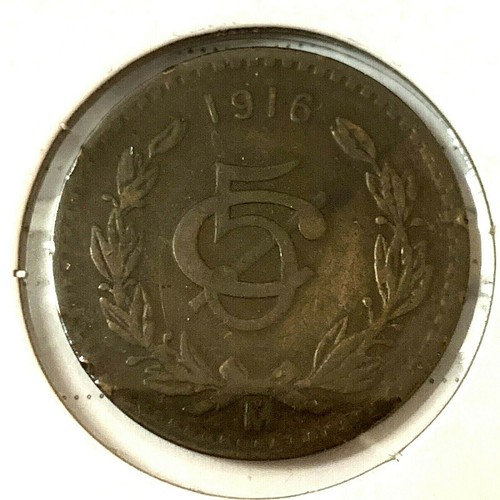 1916 🔥 Mexico 🌞 5 Centavos Bronze Coin ✨ F ✨KM 422 🦅 Wreath Monogram  - Picture 1 of 2