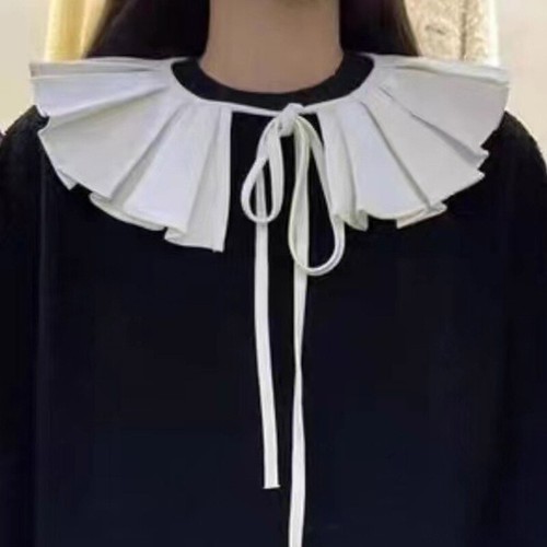 Women Pleated Ruffle Solid Color Fake Collar Lace-Up Capelet Clothing Accessorie - Picture 6 of 10