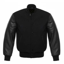 Mens Casual Varsity Jacket Wool Body Genuine Leather Arms Letterman Jacket