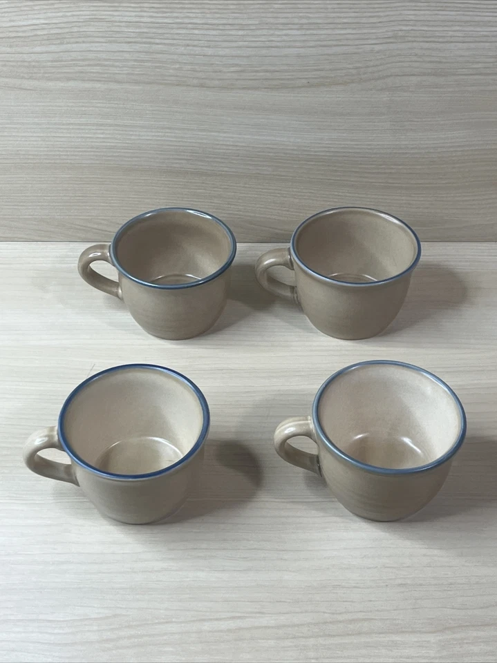 Pfaltzgraff Folk Art Coffee Tea Cups Mugs 2 1/2” Blue Tan USA Set of 4 - Image 3 of 4