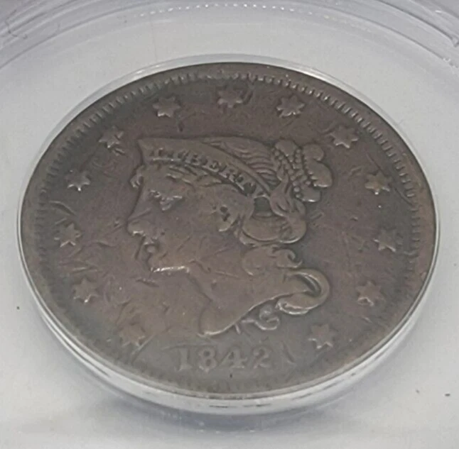1842 SM Date Large Cent VF 30 Details Burnished Damaged ANACS N-2C Fresh! - Image 2 of 4