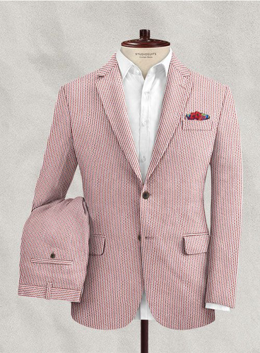 Seersucker Red Men's Suits Formal Business 2 Pieces Blazer Wedding Groom Tuxedos - Picture 2 of 6