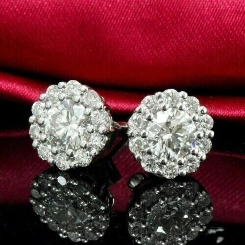2.50Ct Lab Created Diamond Round Halo Stud Earrings 14K White Gold Silver Plated