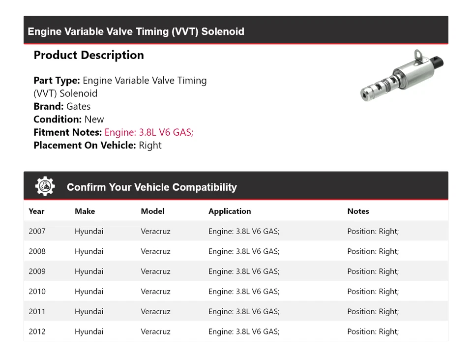Para Hyundai Veracruz 2007-2012 3,8 L V6 motor de gas VVT solenoide puertas derechas 2008 Foto 2 de 4