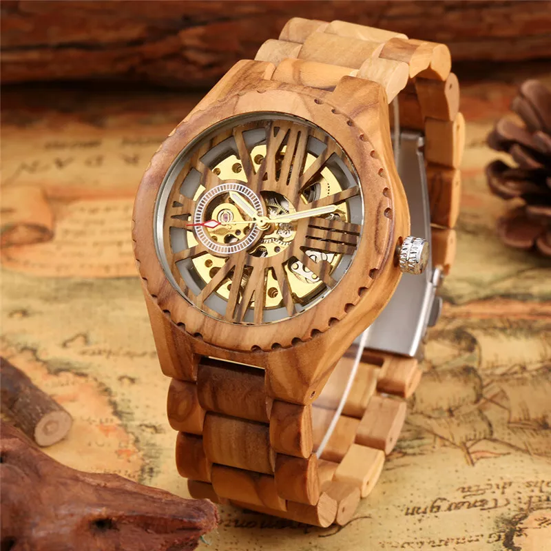 Men s Mechanical Automatic Watch Wood Adjustable Wooden Bracelet