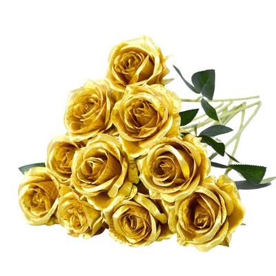 10 Pcs Gold Rose Artificial Flower, Faux Silk Flowers With Long Stems, Fake R...