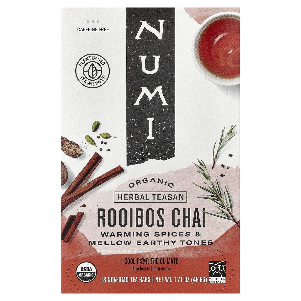 Organic Herbal Teasan, Rooibos Chai, Caffeine Free, 18 Non-GMO Tea Bags, 1.71 oz