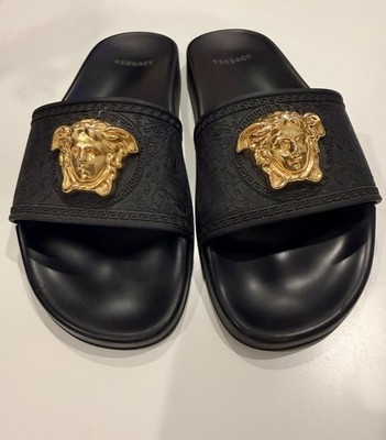 Versace Black Gold Medusa Medallion Slide Sandals Women Size 8 Rubber Comfort
