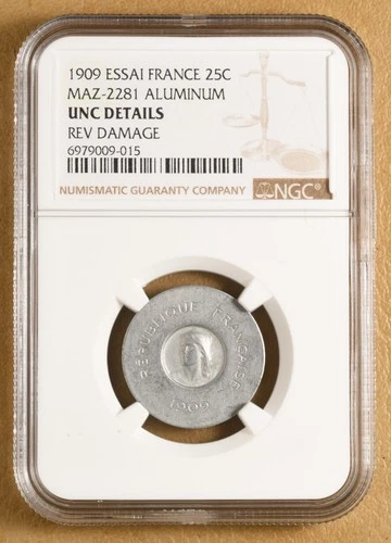 1909 Essai France 25 Centimes 'MAZ-2281' Aluminum Strike NGC UNC Details