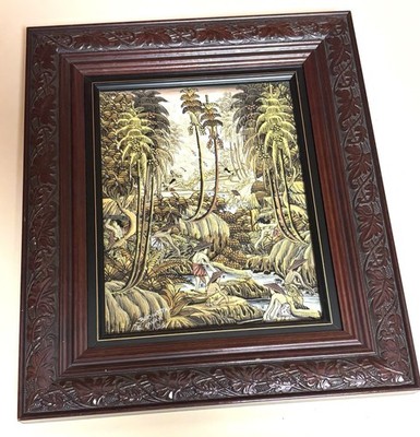 Vintage Balinese Indonesian Painting Tropical Landscape Framed Craved Wood Art