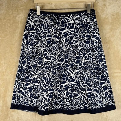 L.L.Bean Floral A-Line Skirt Womens 4 Navy White Cotton Lined Preppy Spring