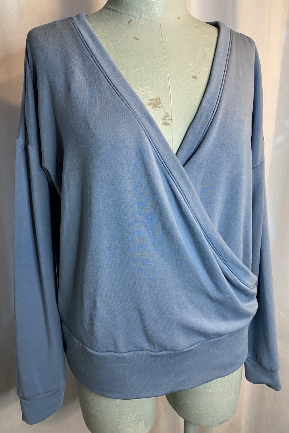 Zella Women Sweater Medium Blue Modal Blend Long Sleeve Faux Wrap Pullover