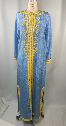 Vintage Robe Moroccan kaftan Middle East embroidered blue yellow tourist 60s 70s