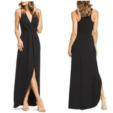 DRESS THE POPULATION Ariel Racerback Faux Wrap Crepe Dress Gown, Black Small NWT
