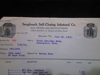 SENGBUSCH  Self - Closing Inkstand Co. Milwaukee Advertising Billhead 1915 Vtg