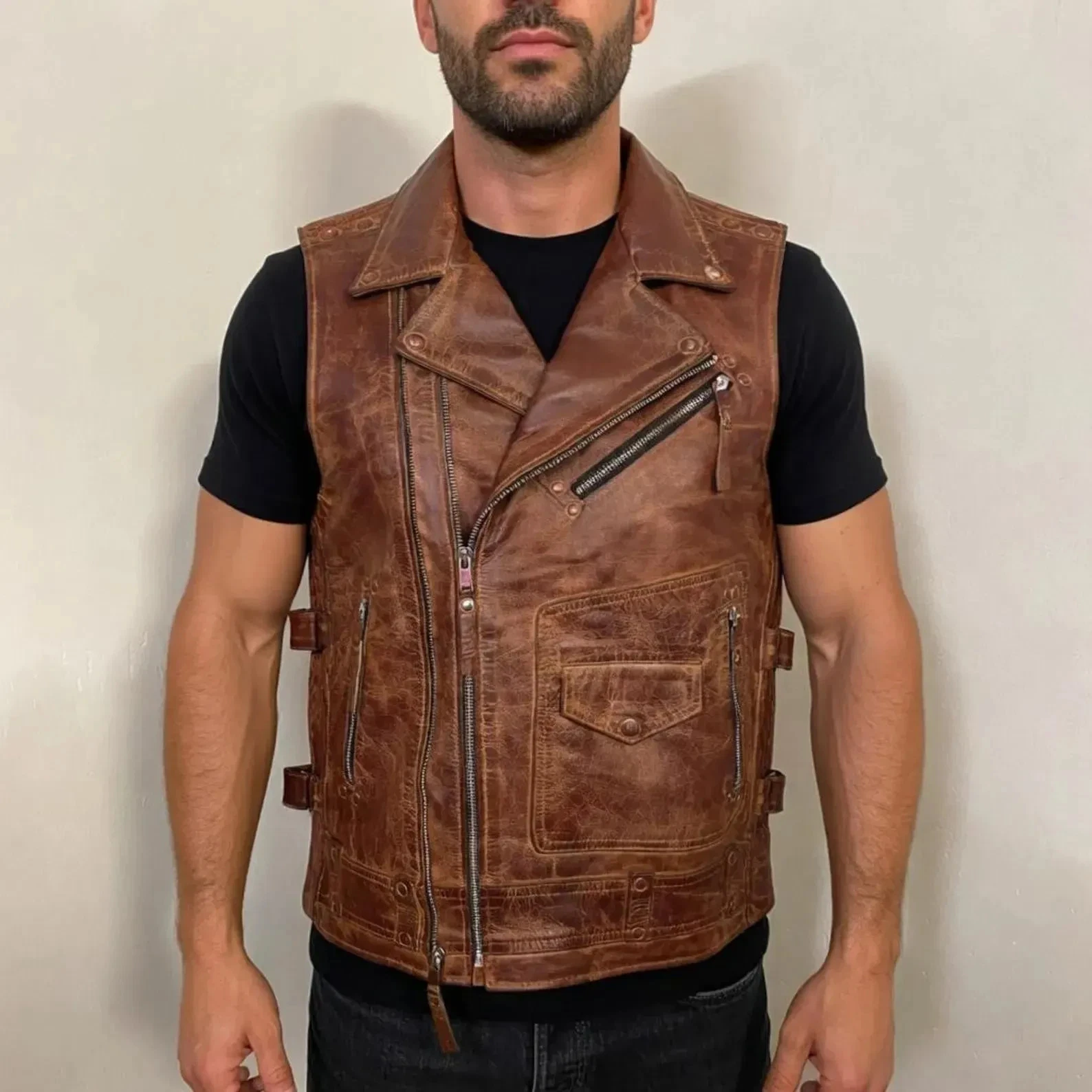 Men’s Vintage Brown Leather Biker Vest – Distressed Motorcycle Style Waistcoat
Opens in a new window