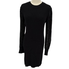 ULTRA FLIRT Black Ribbed Knit Dress with Sheer Polka Dot Puff Sleeve L
