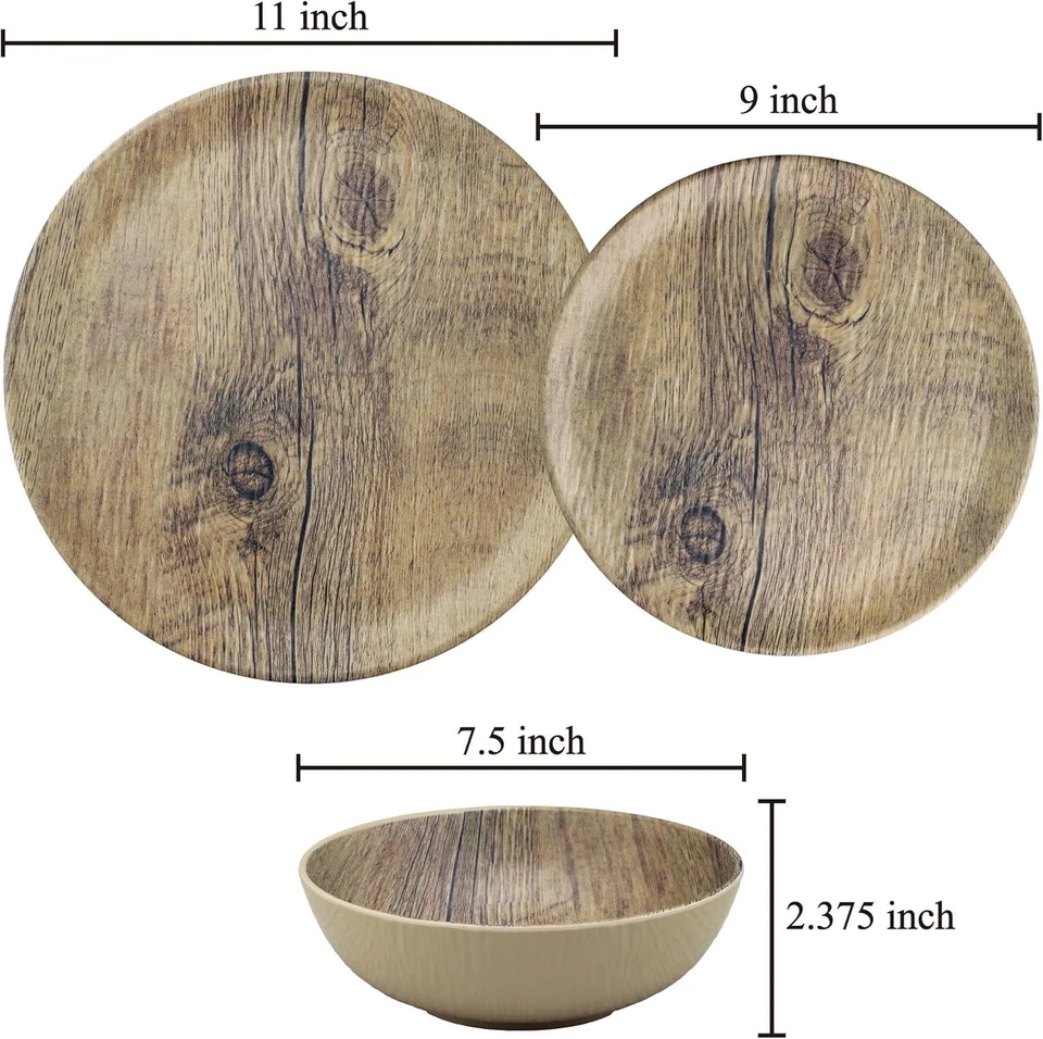 Коричневый деревянный зернистый дизайн, кремовый цвет, меламиновая посуда, 12 шт., набор для 4 - Изображение 2 из 4