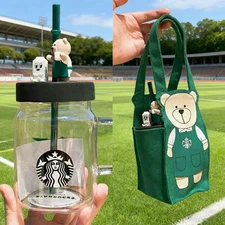 Starbucks China Mason Straw Cup 600ml Bear Glass Cup With Green Canvas Carry Bag