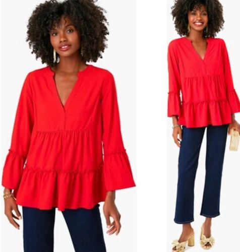 Top Kenzo Tuckernuck Pomander Place rosso crepe a strati manica a campana scollo a V NATALE M